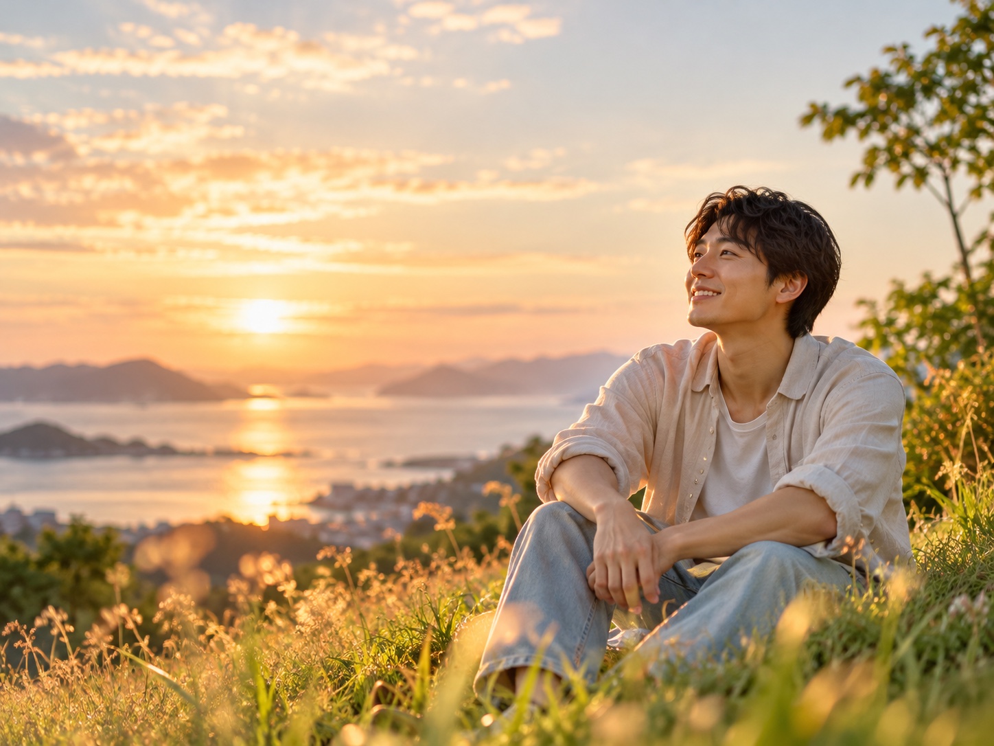 夕暮れの丘で微笑む男性